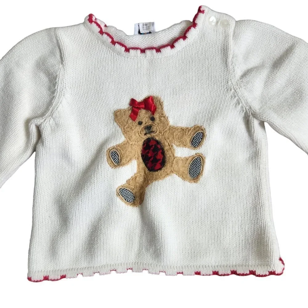 Talbots Kids Sweater 24 Months Teddy Bear Knit Ivory Red Edging - Picture 3 of 6